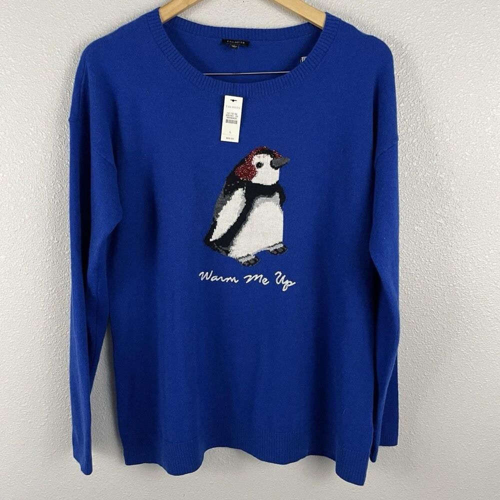 Talbots Womens L Blue Intarsia Tinsel Penguin Sweater Warm Me Up Lambswool Blend